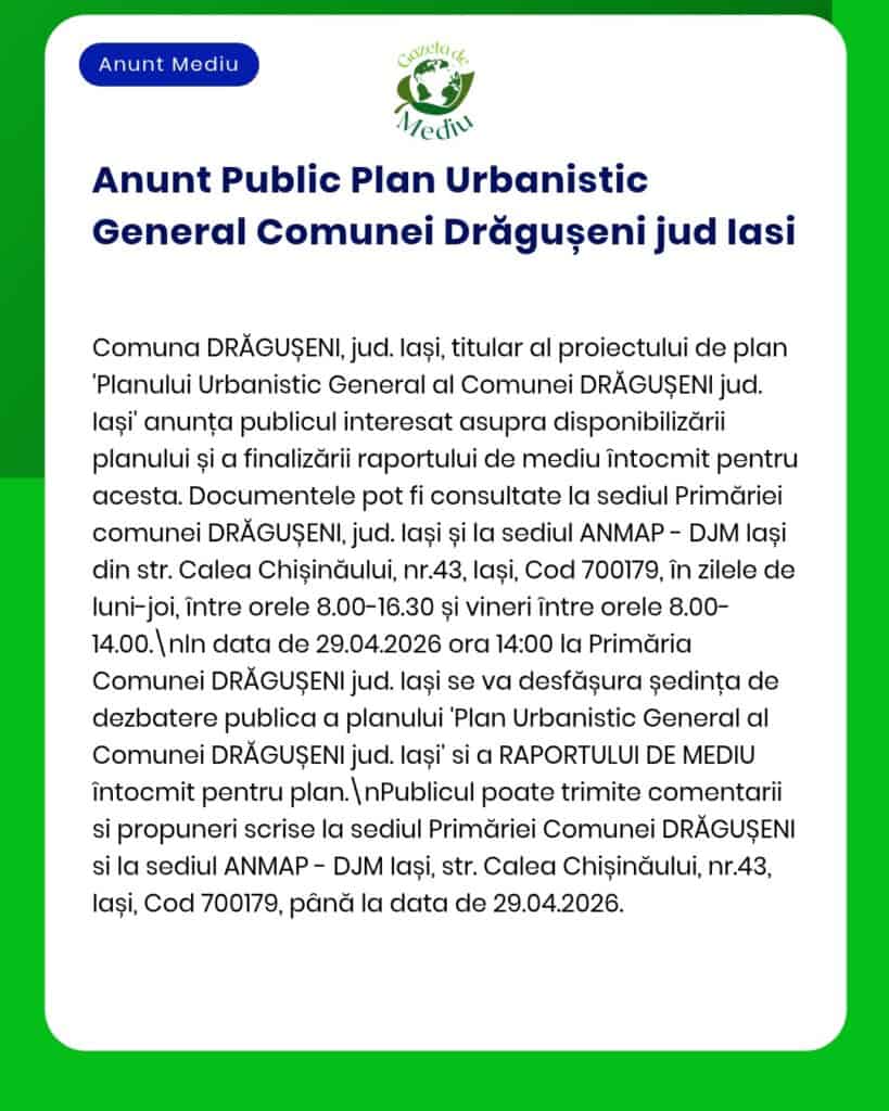 Anunț privind Planul Urbanistic General Drăgușeni, Iași, cu detalii despre proiect și locațiile de acces la document.