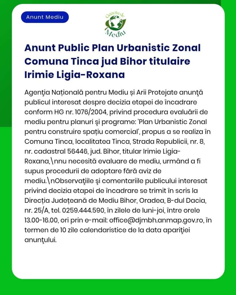 Anunț informativ despre un plan urbanistic zonal în Tinca, Bihor, emis de APM.