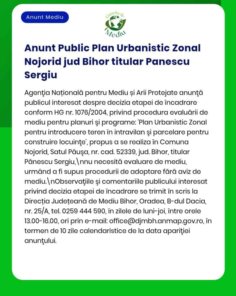 Evaluare APM pentru Planul Urbanistic Zonal din satul Nojordi, județul Bihor, dezvoltare zonă rezidențială.