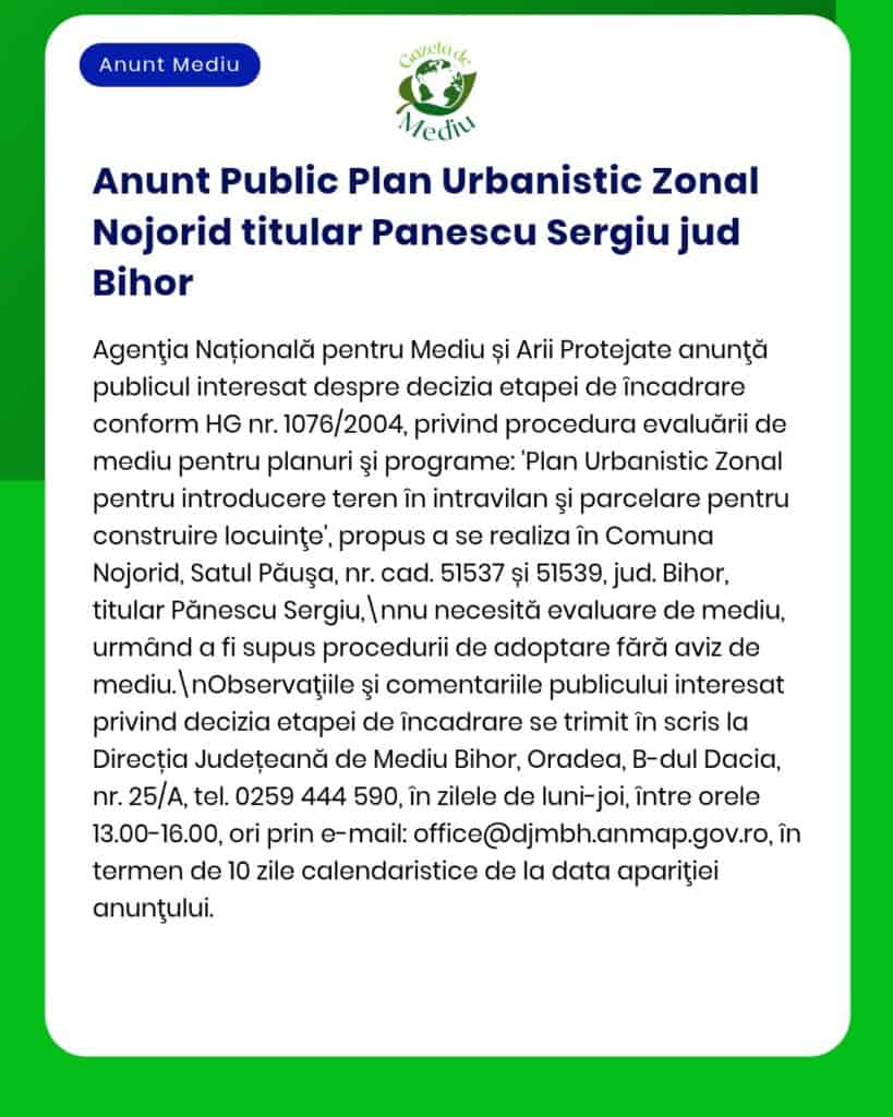 Anunț despre planul urbanistic zonal din Nojorid, Bihorul privind introducerea terenului și parcelarea locuințelor, emis de APM.