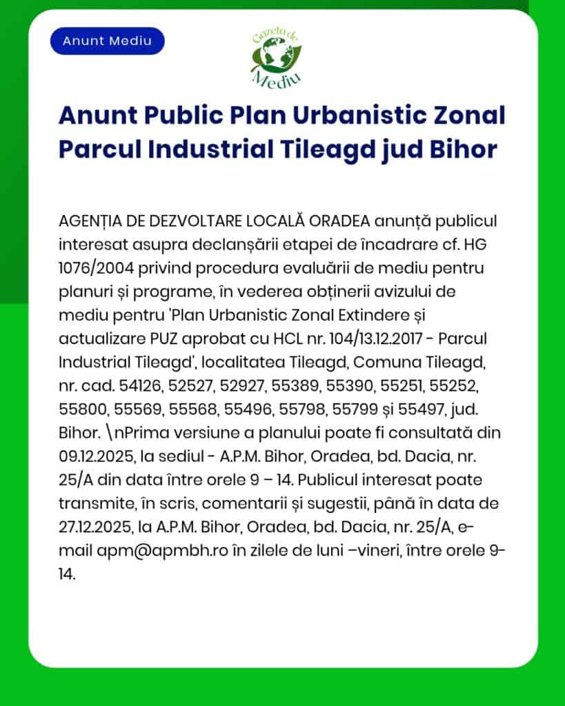 Plan de extindere și actualizare a Planului Urbanistic Zonal pentru Parcul Industrial Tileagd, județul Bihor.