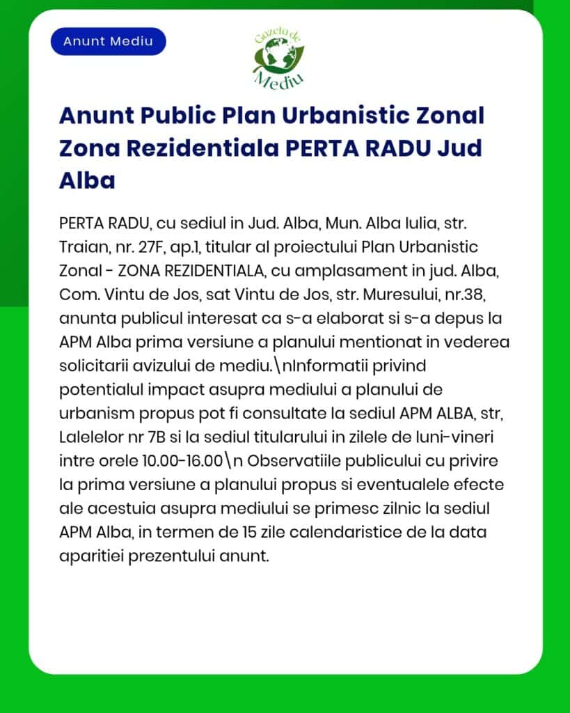 Anunț privind proiect de urbanism în Alba, cu informații despre amplasament și depunerea raportului la impactul asupra mediului la APM.