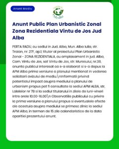 Dezvoltare plan urbanistic zonal pentru Vintu de Jos, Alba, cu program pentru analizarea impactului asupra mediului.