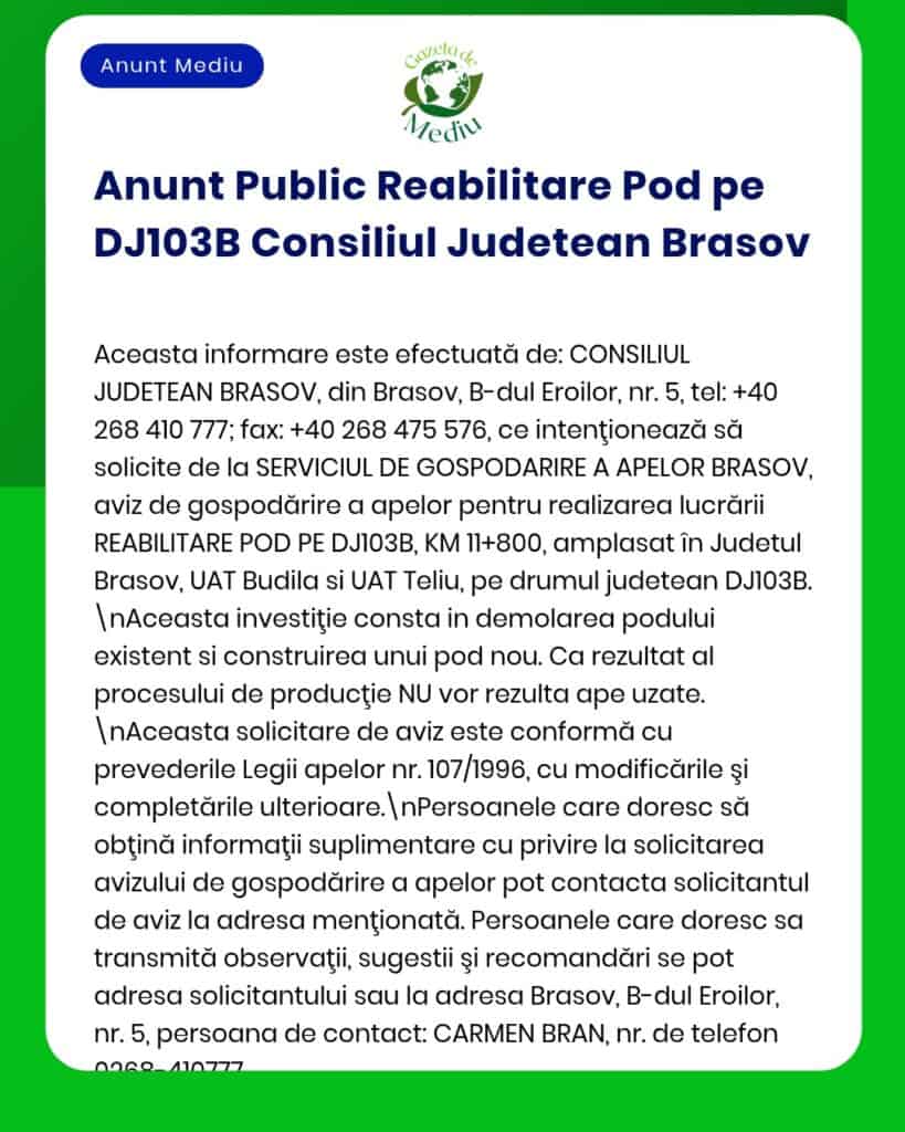 Lucrări de reabilitare a podului pe DJ103B în județul Brașov.