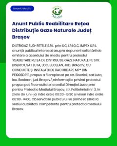 Anunț privind licitația pentru reabilitarea rețelei de distribuție gaze naturale din județul Brașov, cu detalii proiect.