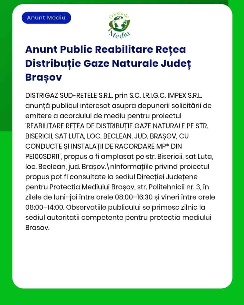 Anunț privind licitația pentru reabilitarea rețelei de distribuție gaze naturale din județul Brașov, cu detalii proiect.