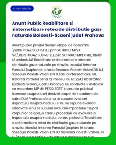 Anunț privind reabilitarea și sistematizarea rețelei de distribuție gaze naturale în Boldești-Scăeni, Prahova.