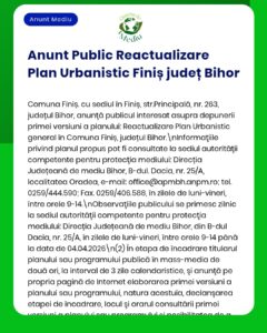 Anunț privind depunerea spre consultare a actualizării Planului Urbanistic pentru Finiș, județul Bihor.