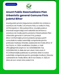 Anunț privind un plan urbanistic în Comuna Finis, județul Bihor.