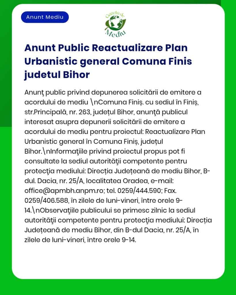 Anunț privind un plan urbanistic în Comuna Finis, județul Bihor.
