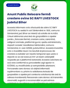 Notificare privind relocarea și extinderea fermei SC RAFY LIVESTOCK în Sântăndrei, Bihor, cu proceduri și cerințe APM.
