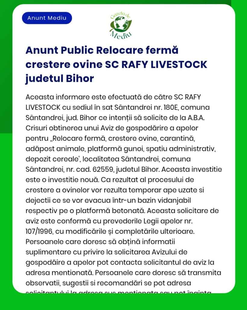 Notificare privind relocarea și extinderea fermei SC RAFY LIVESTOCK în Sântăndrei, Bihor, cu proceduri și cerințe APM.