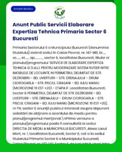 Anunț despre servicii de consultanță tehnică pentru modernizarea sistemului rutier în Sectorul 6, cu străzi și etape proiect.