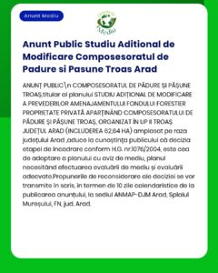 Studiu suplimentar privind modificarea planului de păduri și pășuni în Troaș, Arad, cu detalii despre locație și scop.