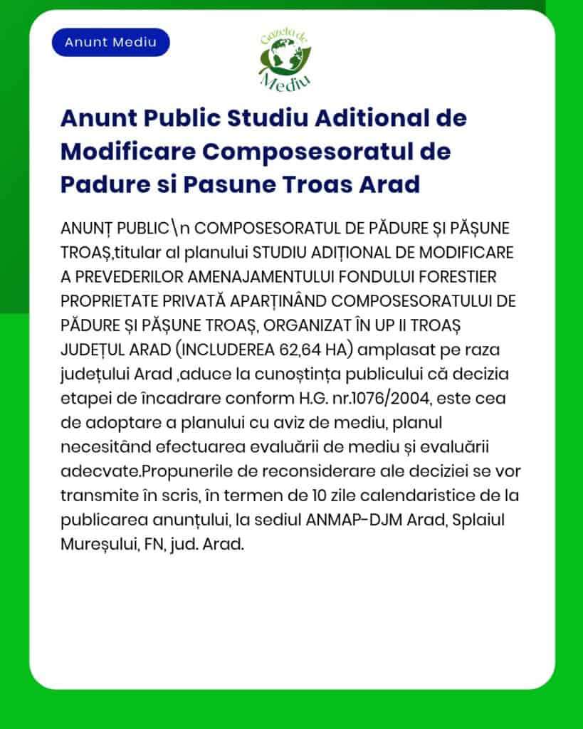 Studiu suplimentar privind modificarea planului de păduri și pășuni în Troaș, Arad, cu detalii despre locație și scop.