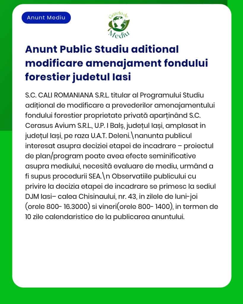 Anunț privind studiu pentru modificarea fondului forestier Iași, cu detalii despre proiect.
