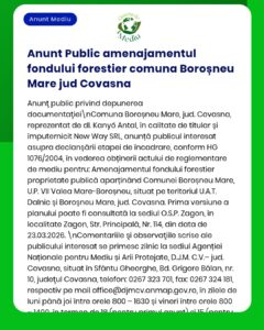 Anunț privind îmbunătățirea fondului forestier în Borosneu Mare, Covasna, emis de autorități și Garda de Mediu.