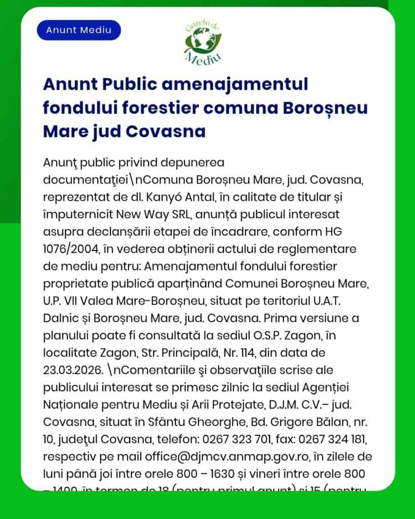 Anunț privind îmbunătățirea fondului forestier în Borosneu Mare, Covasna, emis de autorități și Garda de Mediu.
