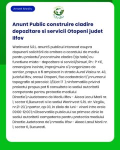 Anunț privind autorizațiile de construire depozit și birouri în Otopeni, Ilfov, de către Warinvest S.R.L.