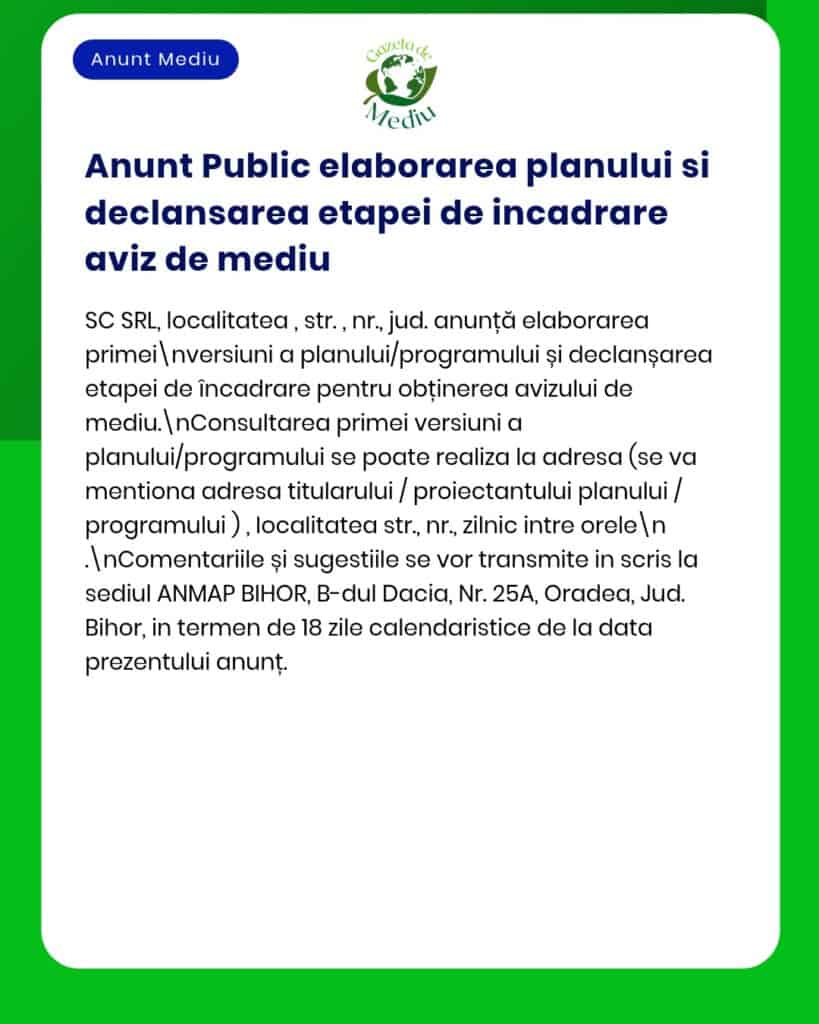Anunț privind etapele de elaborare și depunere a declarației pentru acordul de mediu aferent unui plan sau program.