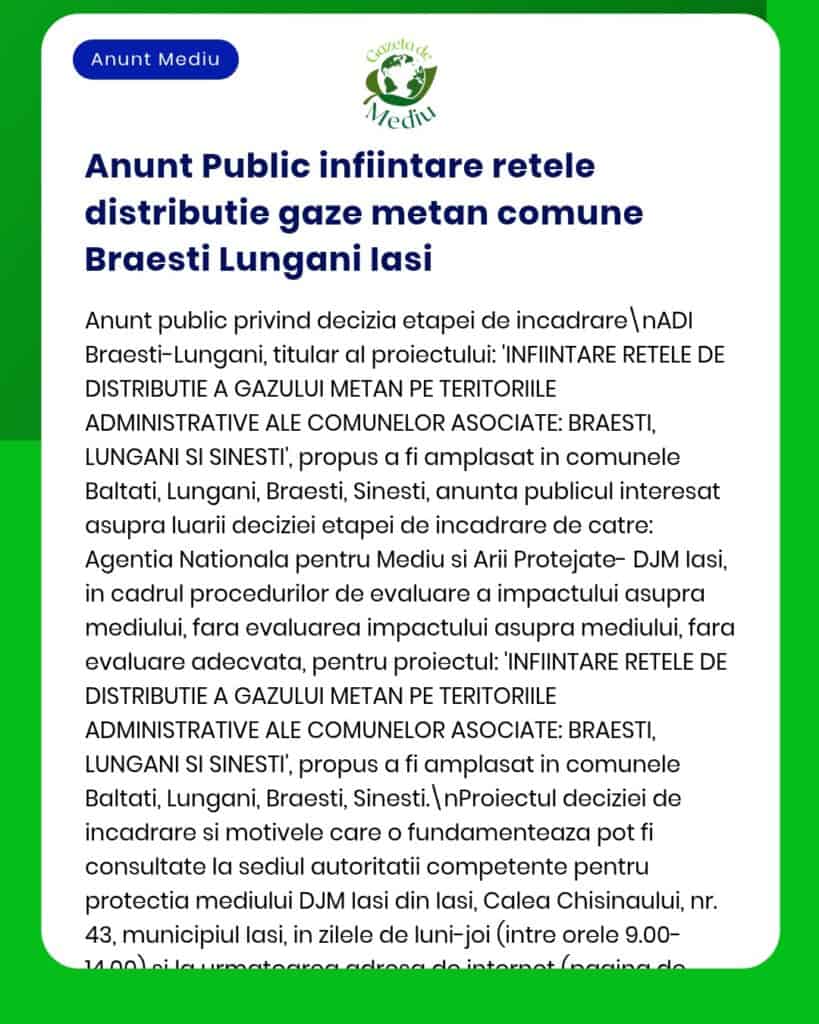Proiect privind rețele de distribuție gaze naturale în comunele Brăești, Lungani și Sinești, județul Iași, cu detalii proiect.
