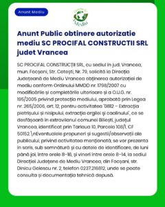 SC PROCIFAL CONSTRUCȚII SRL solicită acord de mediu pentru activități de exploatare a carierei în județul Vrancea.