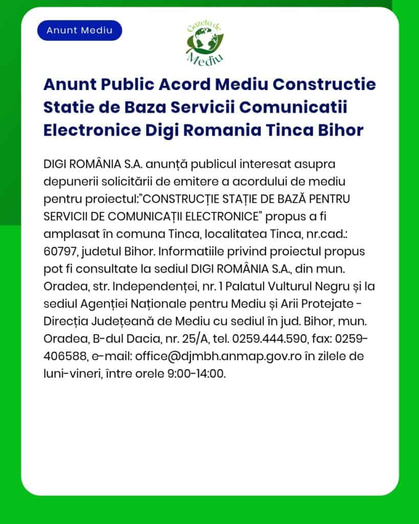 Anunt Public Acord Mediu Constructie Statie de Baza Servicii Comunicat