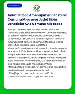 Anunt Public Amenajament Pastoral Comuna Micasasa Judet Sibiu Benefici