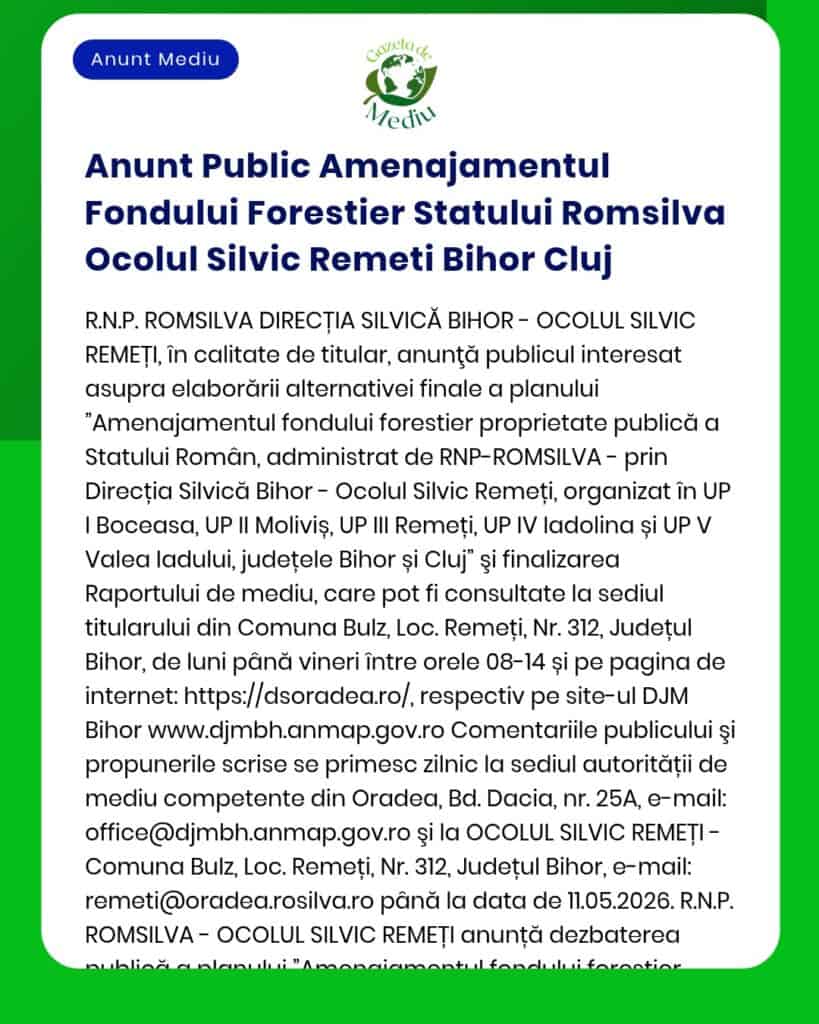 Anunt Public Amenajamentul Fondului Forestier Statului Romsilva Ocolul