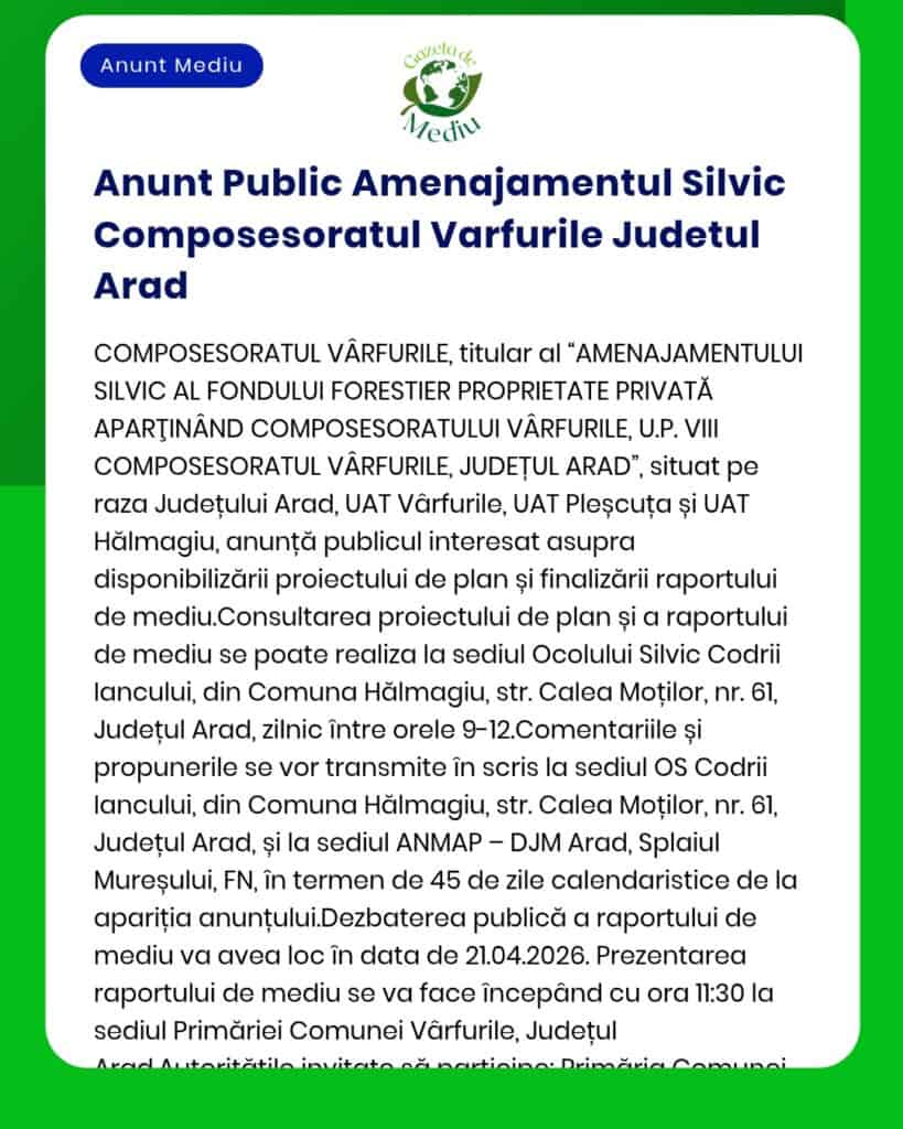 Anunt Public Amenajamentul Silvic Composesoratul Varfurile Judetul Ara
