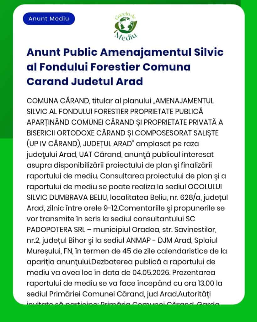 Anunt Public Amenajamentul Silvic al Fondului Forestier Comuna Carand