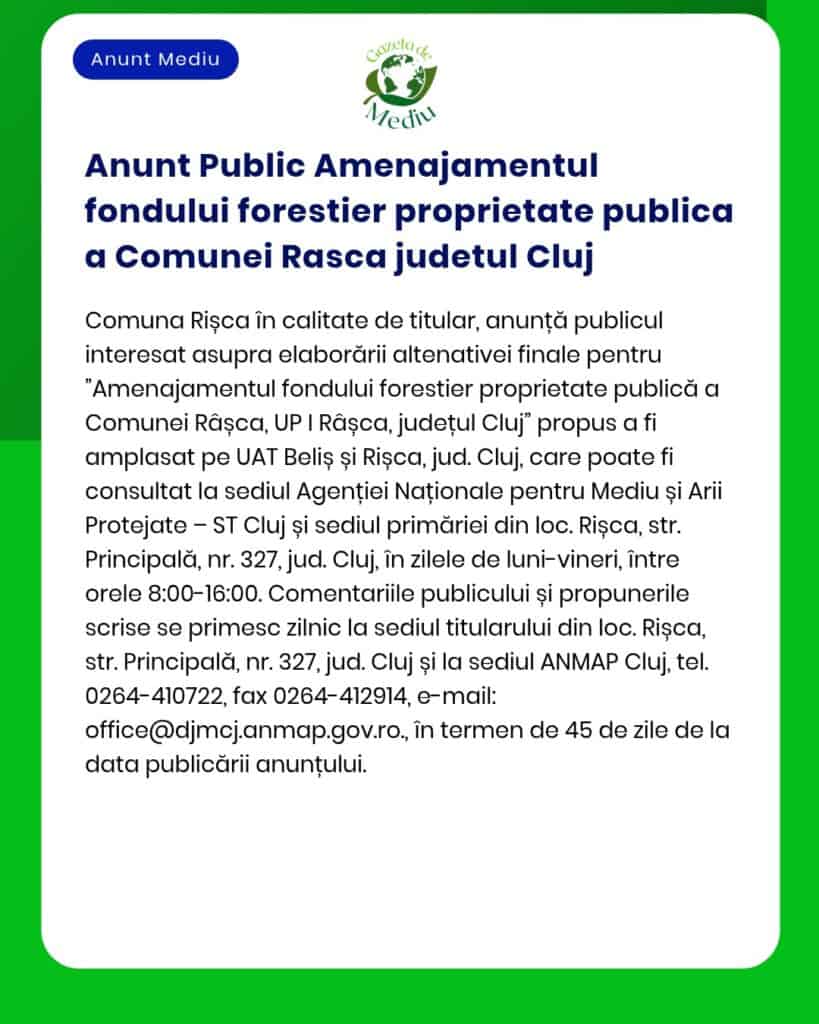 Anunt Public Amenajamentul fondului forestier proprietate publica a Co