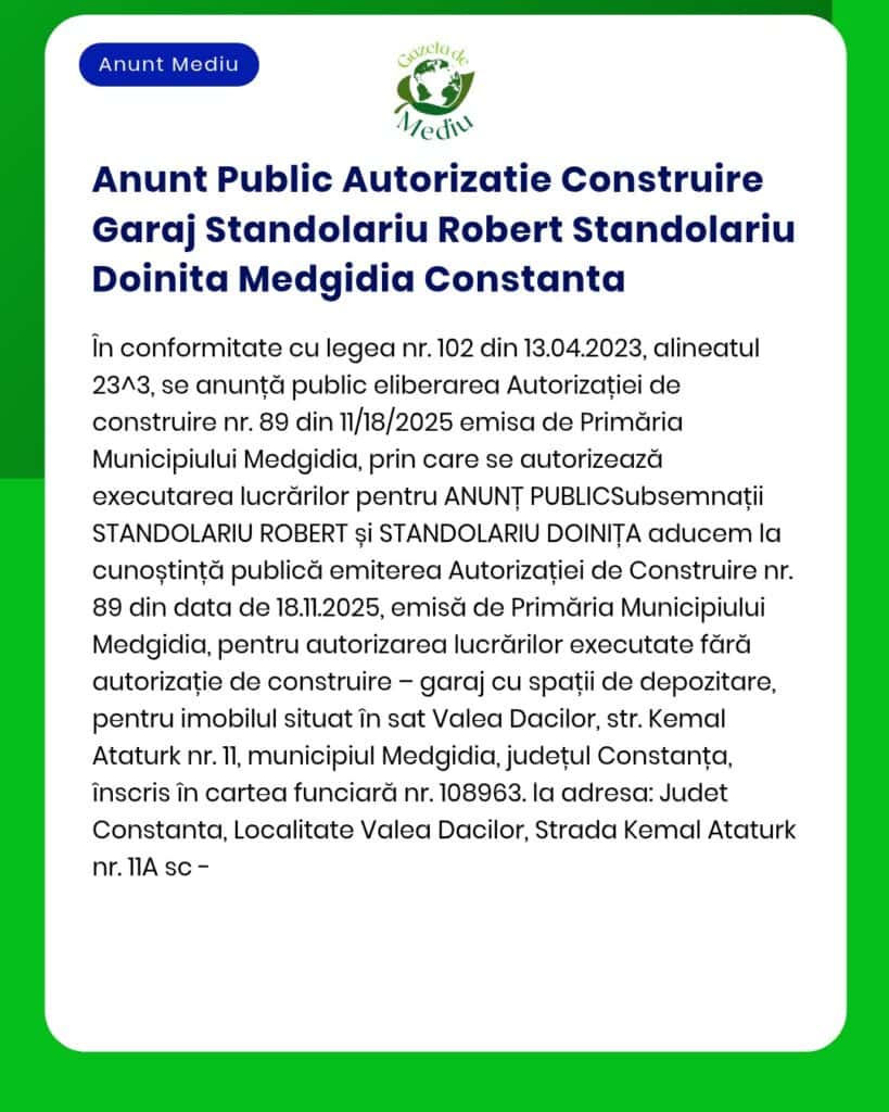 Anunt Public Autorizatie Construire Garaj Standolariu Robert Standolar