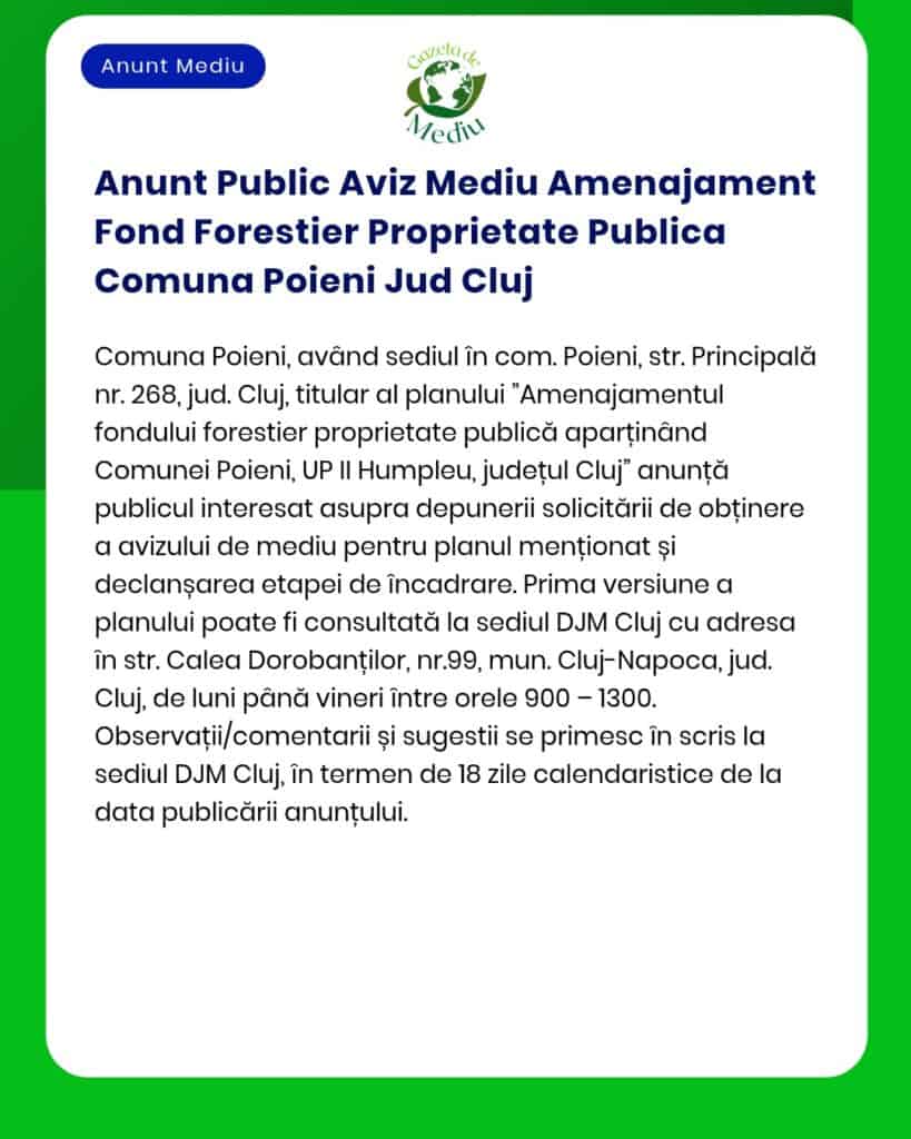 Anunt Public Aviz Mediu Amenajament Fond Forestier Proprietate Publica