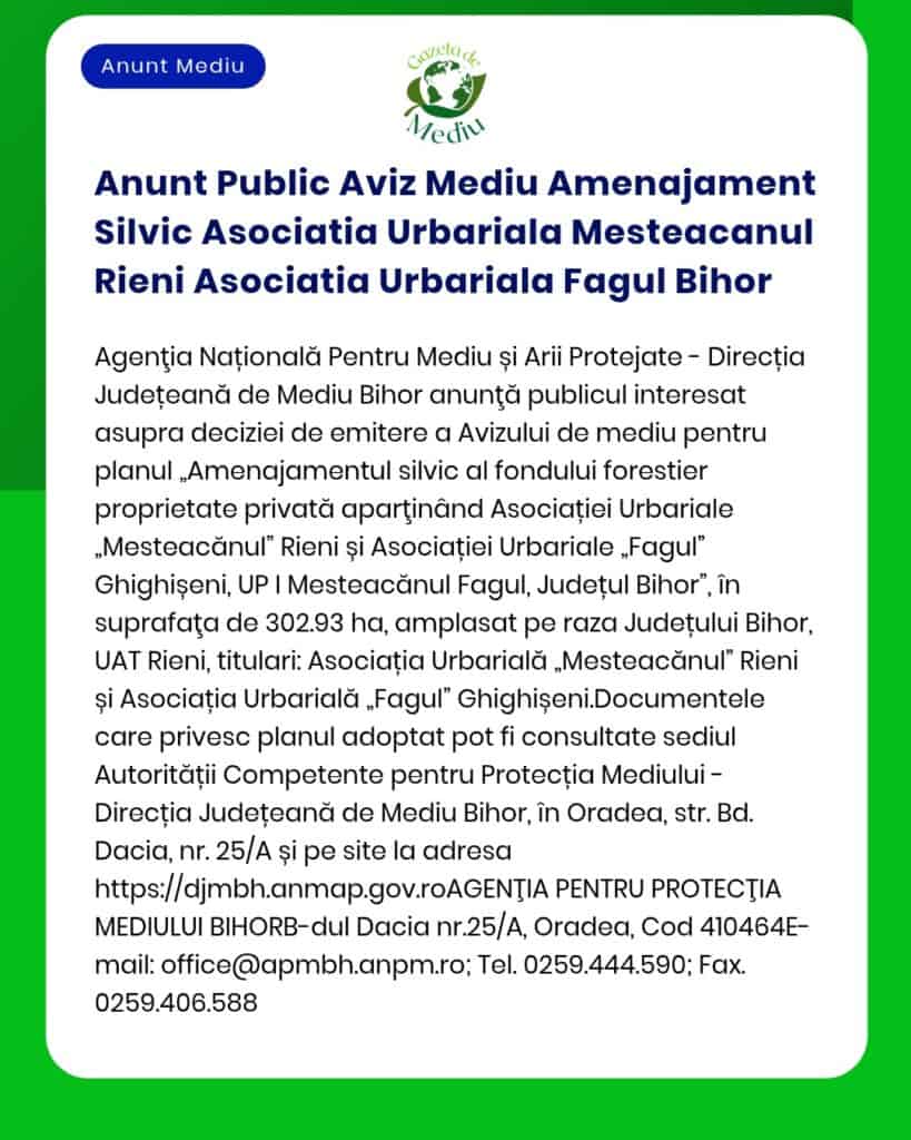 Anunt Public Aviz Mediu Amenajament Silvic Asociatia Urbariala Mesteac