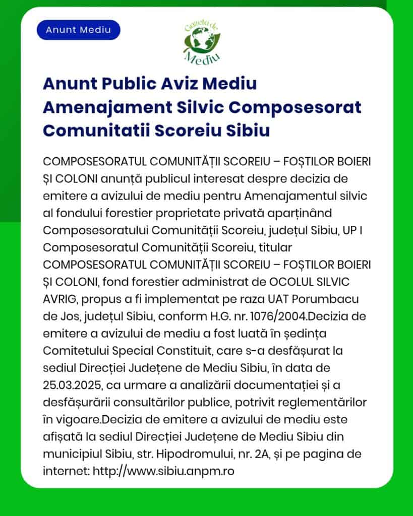 Anunt Public Aviz Mediu Amenajament Silvic Composesorat Comunitatii Sc