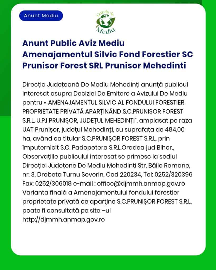 Anunt Public Aviz Mediu Amenajamentul Silvic Fond Forestier SC Pruniso