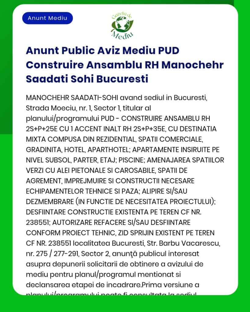 Anunt Public Aviz Mediu PUD Construire Ansamblu RH Manochehr Saadati S