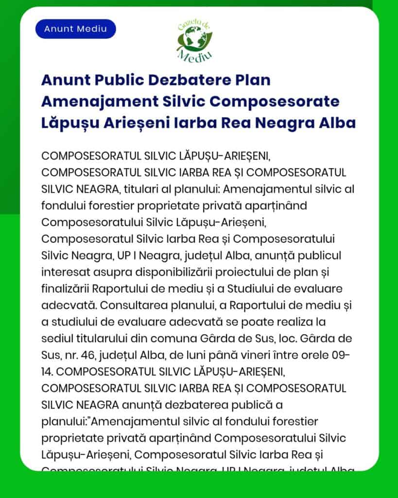 Anunt Public Dezbatere Plan Amenajament Silvic Composesorate Lăpușu Ar