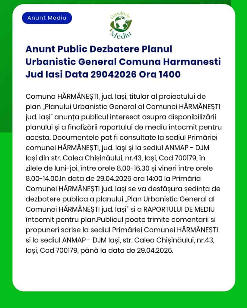 Anunt Public Dezbatere Planul Urbanistic General Comuna Harmanesti Jud