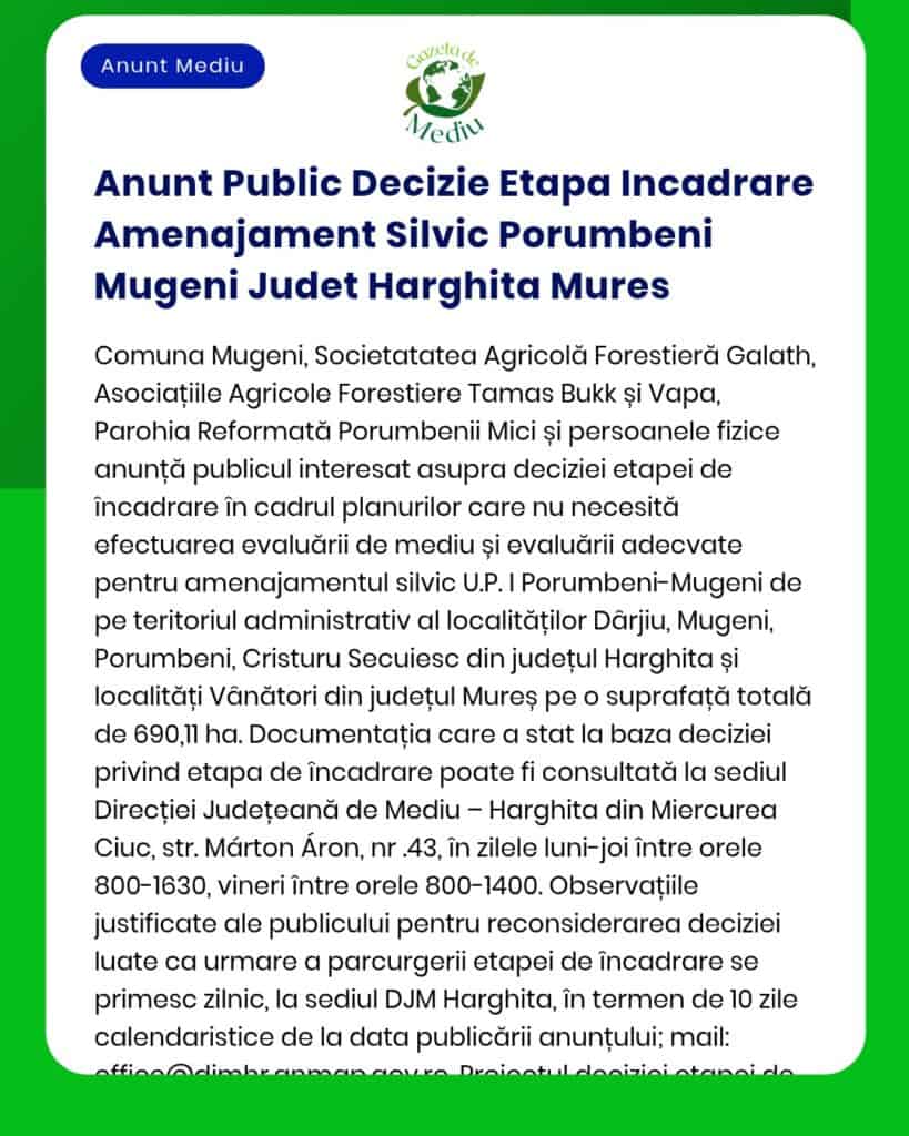 Anunt Public Decizie Etapa Incadrare Amenajament Silvic Porumbeni Muge