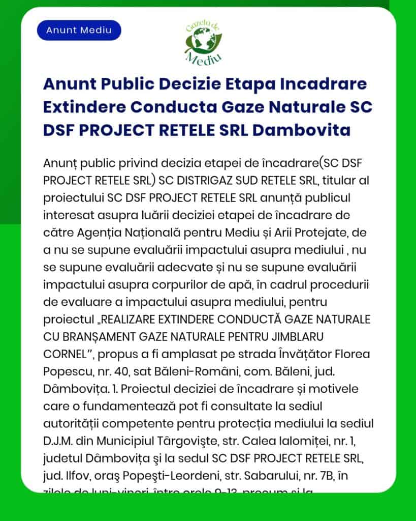 Anunt Public Decizie Etapa Incadrare Extindere Conducta Gaze Naturale