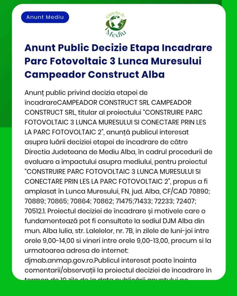Anunt Public Decizie Etapa Incadrare Parc Fotovoltaic 3 Lunca Muresulu