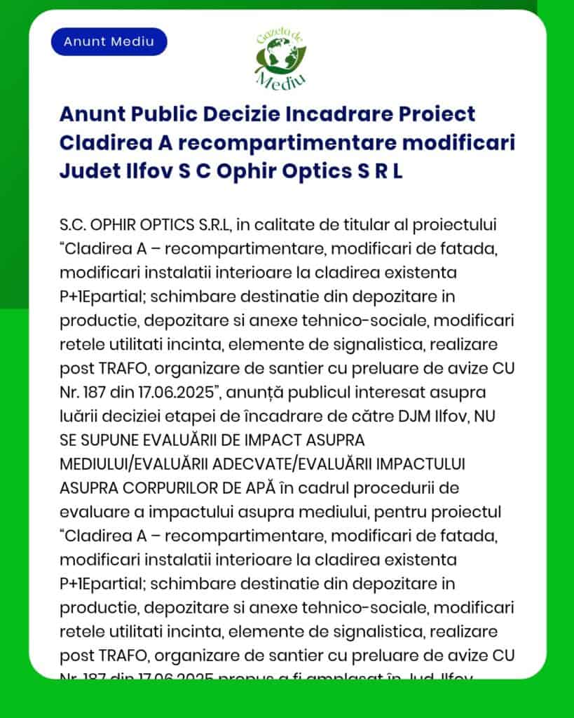Anunt Public Decizie Incadrare Proiect Cladirea A recompartimentare mo