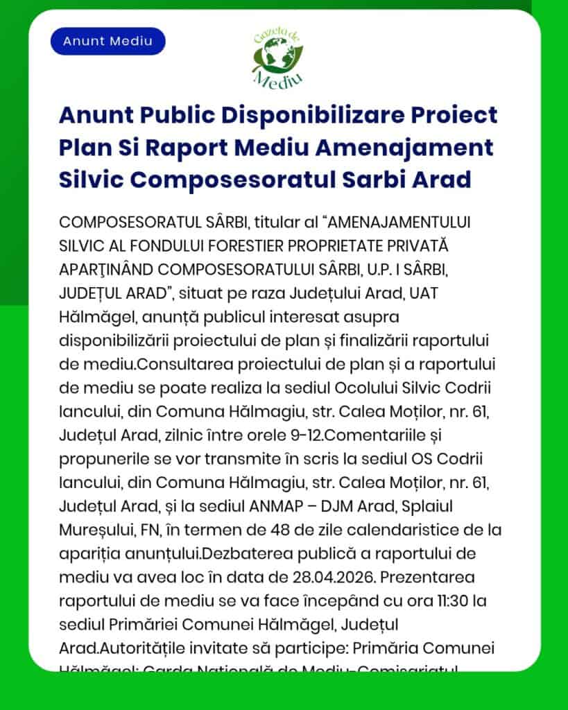 Anunt Public Disponibilizare Proiect Plan Si Raport Mediu Amenajament