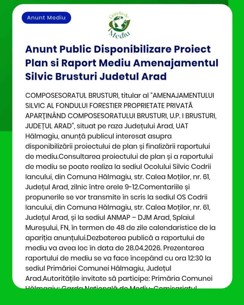 Anunt Public Disponibilizare Proiect Plan si Raport Mediu Amenajamentu