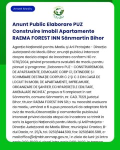 Anunt Public Elaborare PUZ Construire Imobil Apartamente RAEMA FOREST