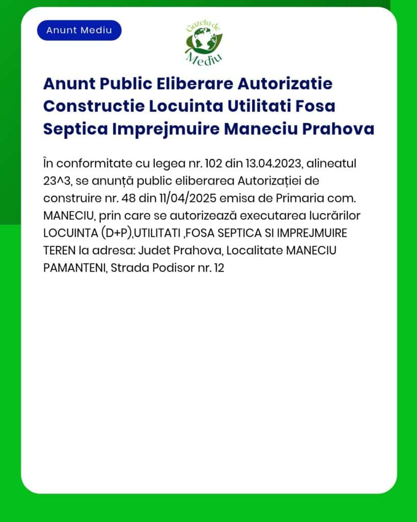 Anunt Public Eliberare Autorizatie Constructie Locuinta Utilitati Fosa