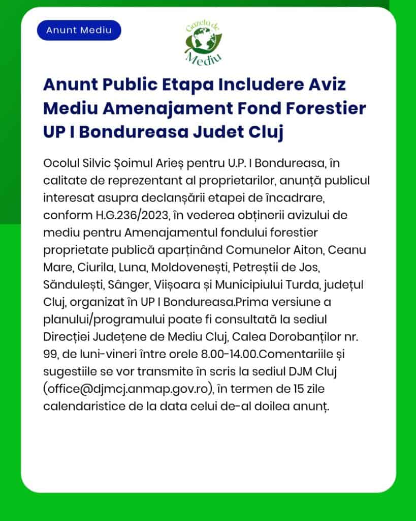 Anunt Public Etapa Includere Aviz Mediu Amenajament Fond Forestier UP
