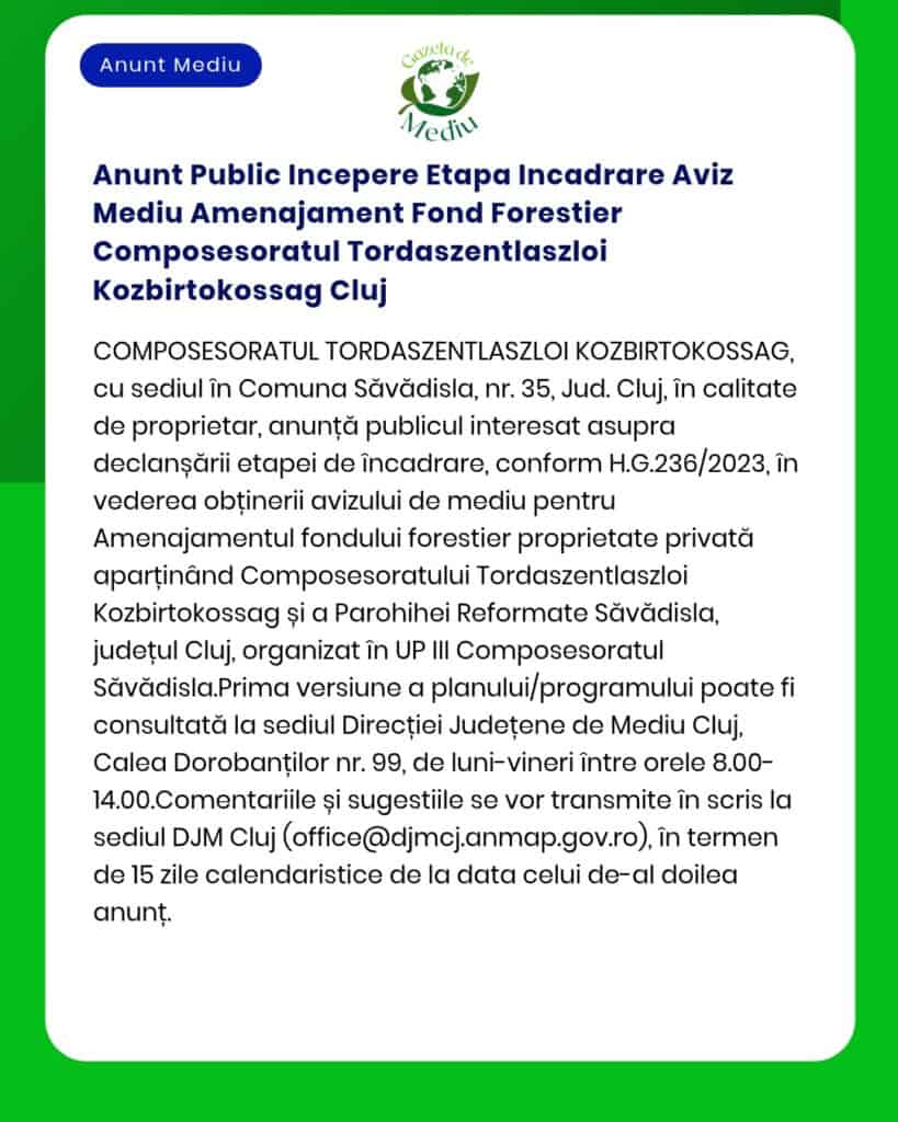 Anunt Public Incepere Etapa Incadrare Aviz Mediu Amenajament Fond Fore